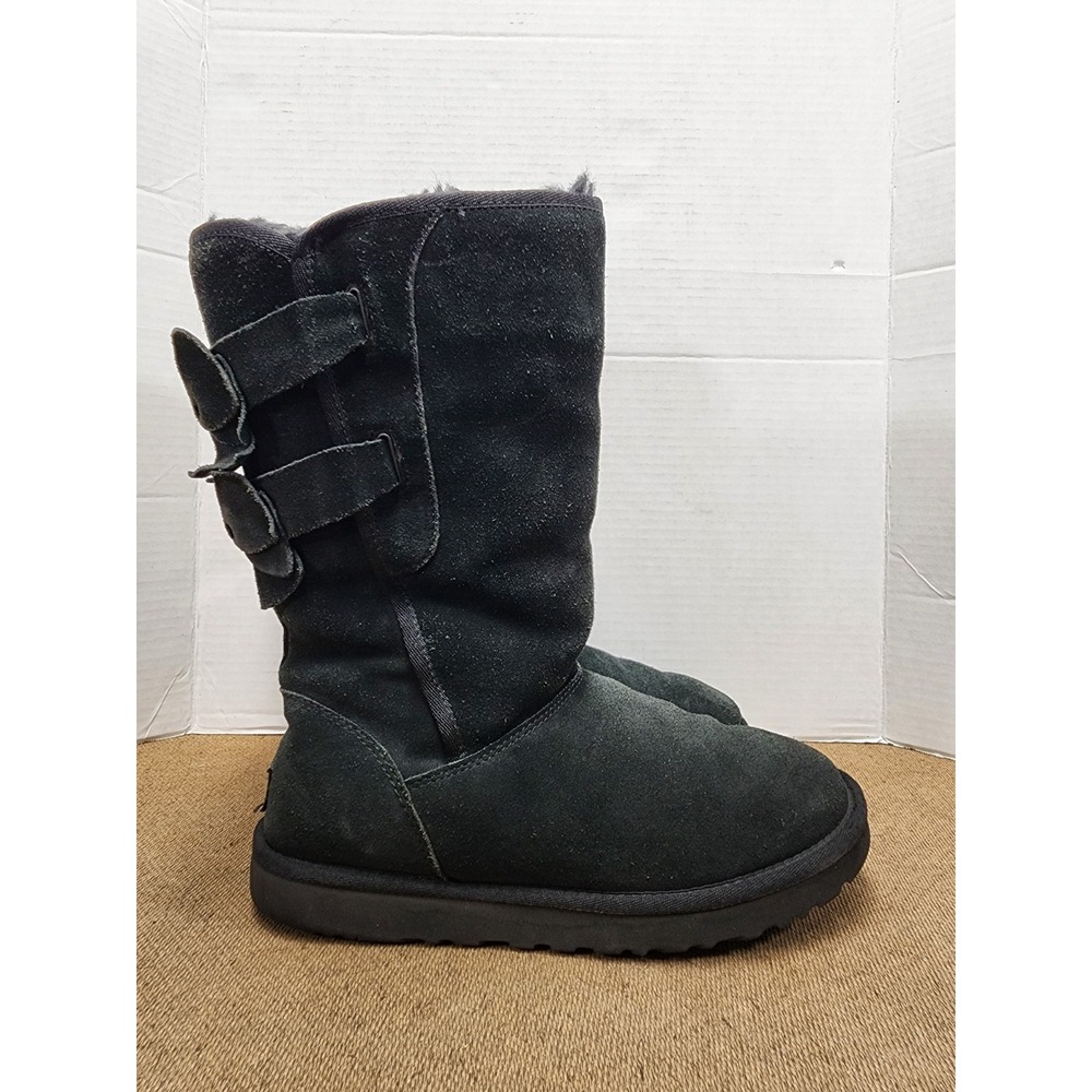 UGG Size 7 Allegra Double Bow Boots Suede Black Treadlite Uggpure Wool Lined